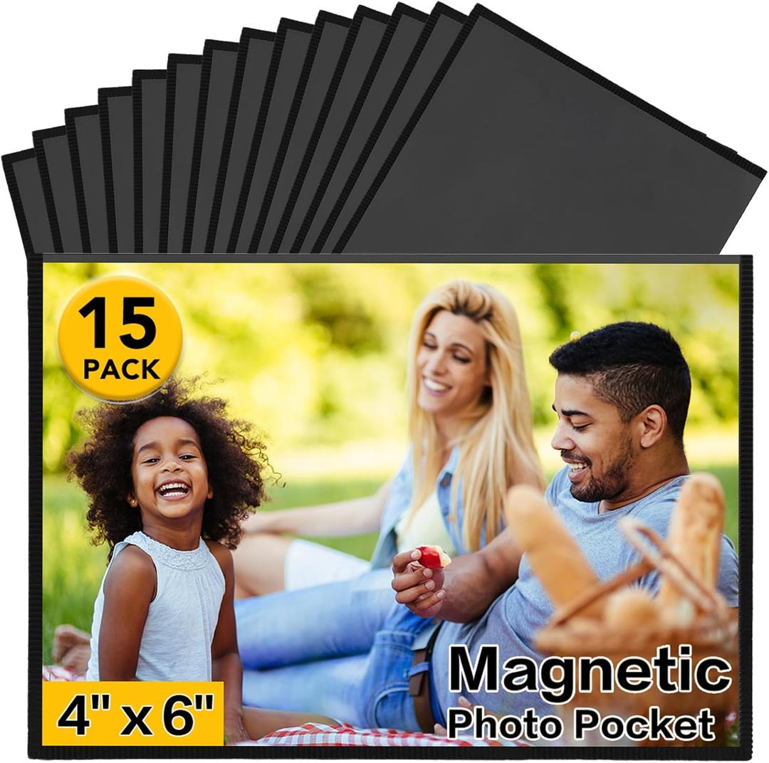 YixangDD 15 Pack Magnetic Picture Frame, 4 x 6 Inches Fridge Magnetic Photo Frames, Magnetic Photo Frames for Refrigerator, Home, School, Office (Black)