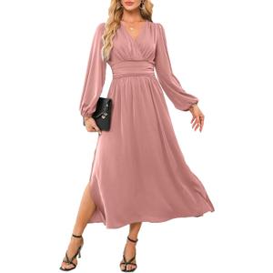 Dokotoo Women's Wrap V-Neck Empire Waist Dress Lantern Sleeve Ruched Side Slit Elegant Maxi Dress (Small, Pink)