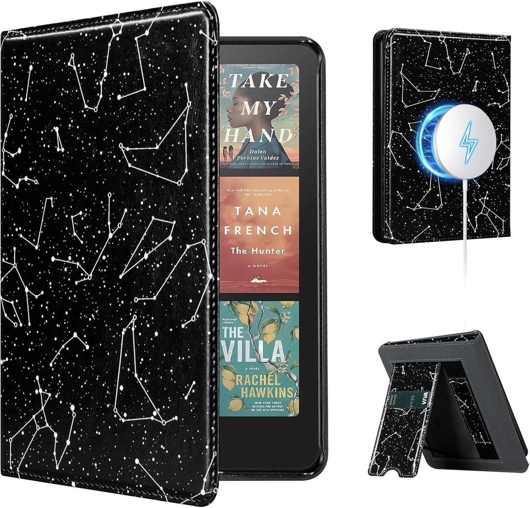 CoBak Stand Case for 7" Kindle Paperwhite 12th Gen 2024 and Kindle Colorsoft with Hand Strap - Compatible with iPhone MagSafe, for Samsung/Belkin/Anker Wireless Charging Pads, Durable, Auto Sleep Wake (Constell)