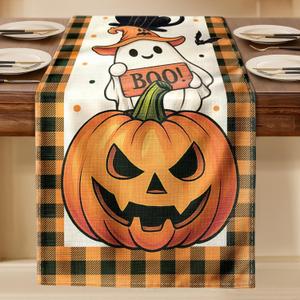 2 x Boo Ghost Halloween Table Runner - 13"72" Plaid Halloween Table Runner with Ghost Pumpkin Black Cat Bat for Fall Festive Decor, Seasonal Fall Decorations for Home Dining Room Kitchen Party