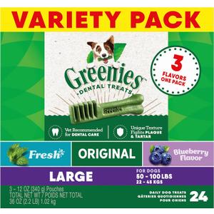 Greenies Large Dental Dog Treats, 3-Flavor Variety Pack, (3) 12 oz. Pouches, (24 Treats)