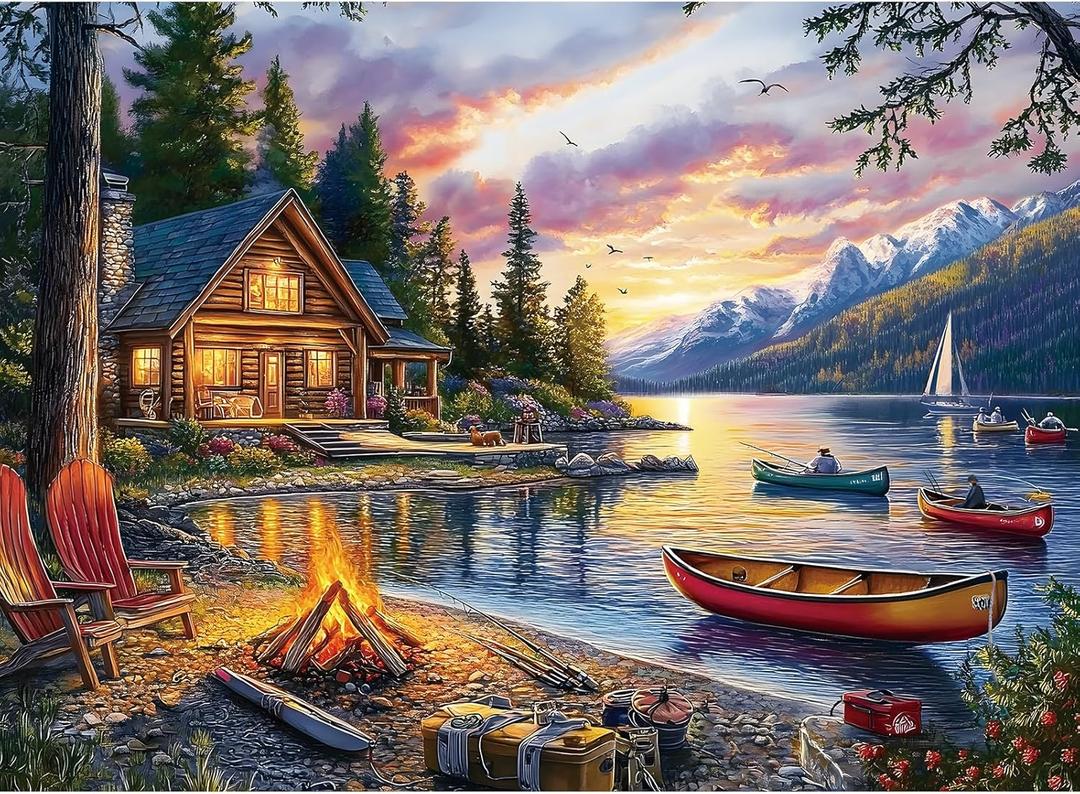 Jigsaw Puzzle for Adults 500 Pieces  500 Piece Puzzle with Scenic Cabin, Interlocking Adult Puzzles, Letter Clues, 1:1 Poster, Home Decor Gift | 20.5 x 15 in (Mountain Lake Bonfire)