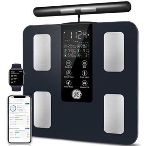 GE Smart Scale for Body Weight: 8-Electrode Digital Bathroom Scale for Weight Fat BMI Muscle Mass Full Body Composition Analyzer 27 Measurements Bluetooth Highly Accurate Weighing Machine, 400 lbs (Black)