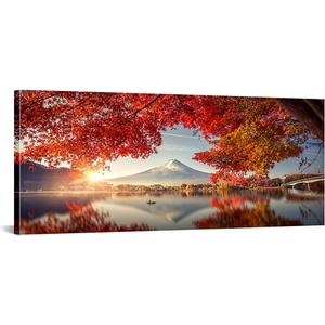 Canvbay Framed Canvas Prints Mount Fuji Wall Art Japanese Mountain over Lake in Sunrise Modern Nature Landscape Pictures Red Maple Leaves Canvas Print Nature Scenery Wall Decor for Home 20x48inch