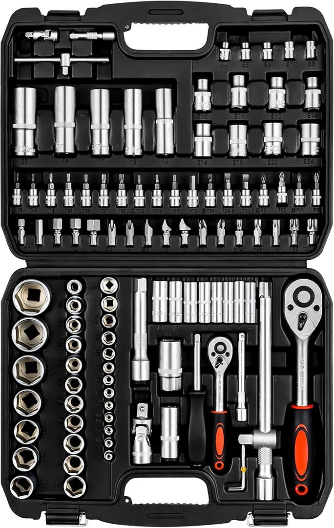XHTT Mechanics Tools Kit,108-Piece 1/4"&1/2 Metric And Standard Socket Set,Ratchet Set,Quick Release Reversible Ratchet Wrench,Universal Joint,Extension Bars.