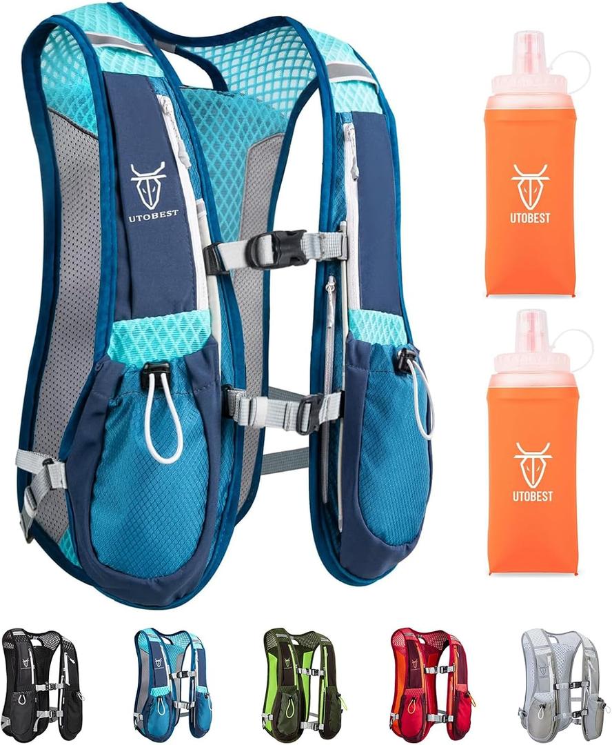 Running Vest, 5L Hydration Vest Lightweight, Breathable and Sweatproof Running Backpack, Adjustable Running Hydration Vest for Trail Running Marathon Race Jogging Cycling (Blue Vest 5L with 2 x Soft Flask)