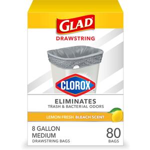 Glad Medium Drawstring Trash Bags with Clorox, 8 Gal, Lemon Fresh Bleach, 80 Ct (Package May Vary)