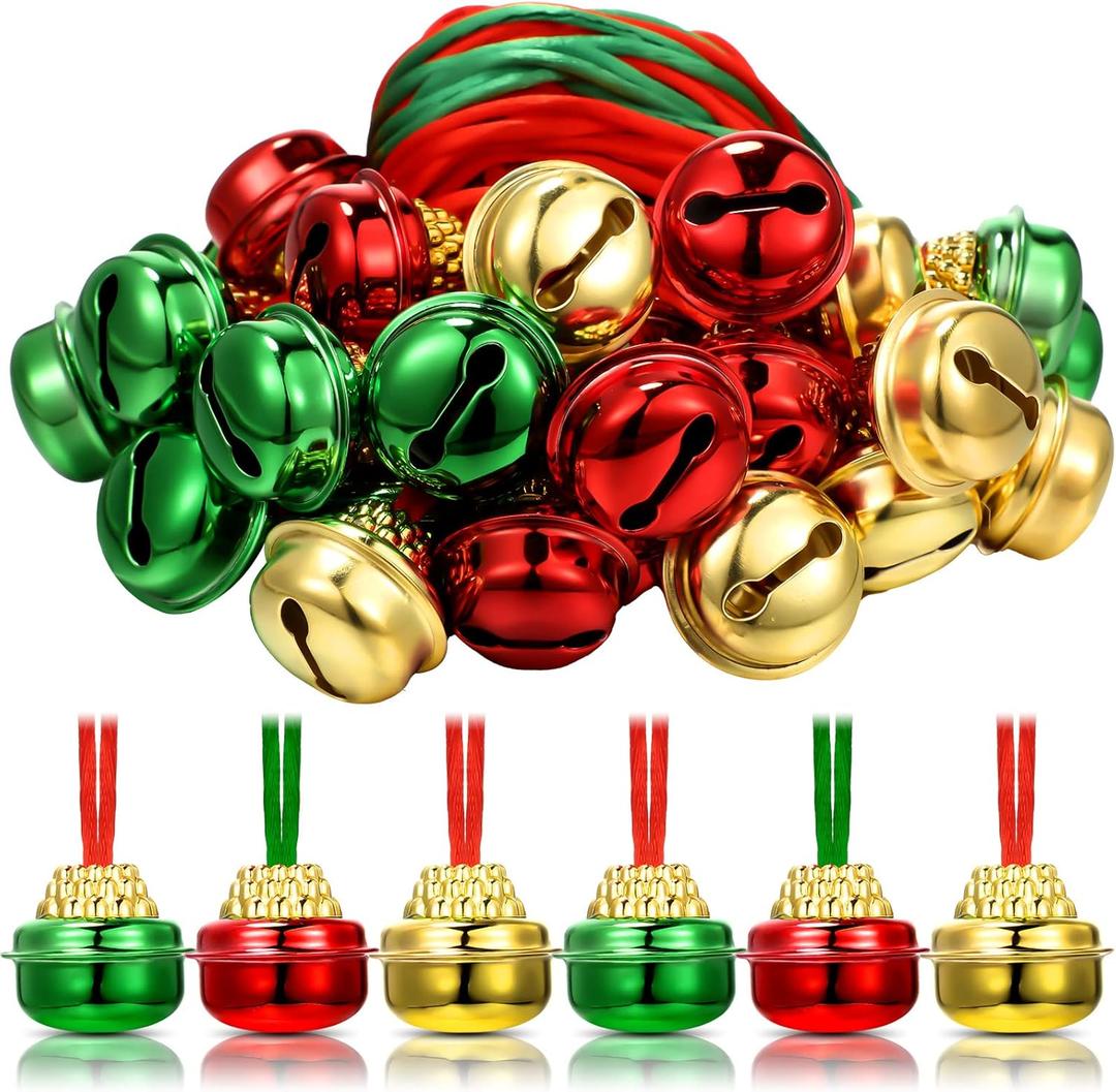 30 Pcs Christmas Bell Necklaces Red Green Gold Christmas Holiday Necklaces Christmas Hanging Bells Crafts for Xmas Holiday Party Supplies Favors Decorations Accessories Stocking Stuffers