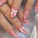 Almond Press on Nails Medium Fake Nails Pink French Tip Nails Press ons Glossy Glue on Nails Cute Acrylic Nails Daily Wear Simple False Nails with 3D Bow Designs Nude Stick on Nails for Women 24Pcs