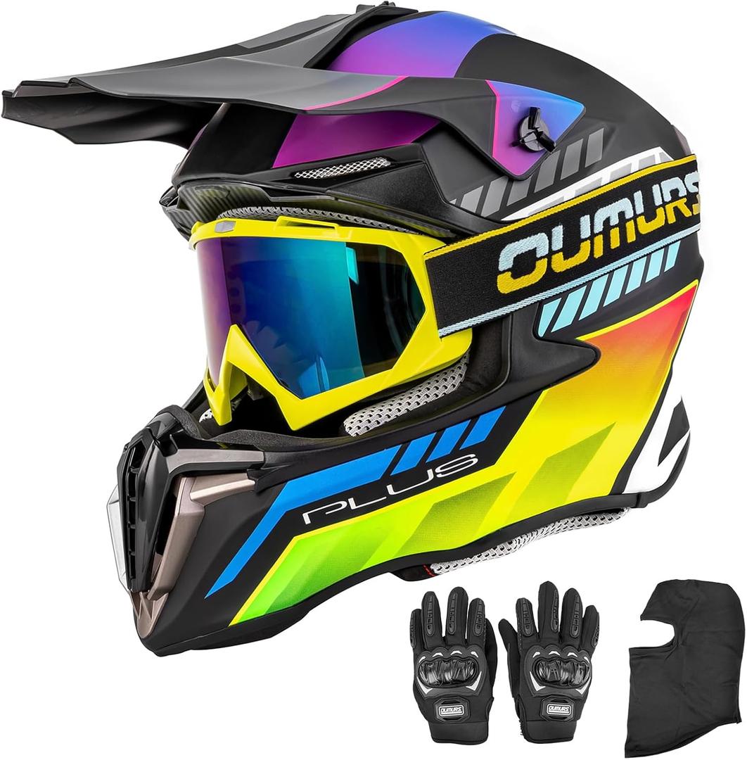 OUMURS Adult ATV Dirt Bike Helmet with Gloves & Mask Adjustable Sun Visor Motorcycle Adult Helmet Off-Road Motocross Downhill Moped MX for Unisex-Adult-Mutiple Black, M