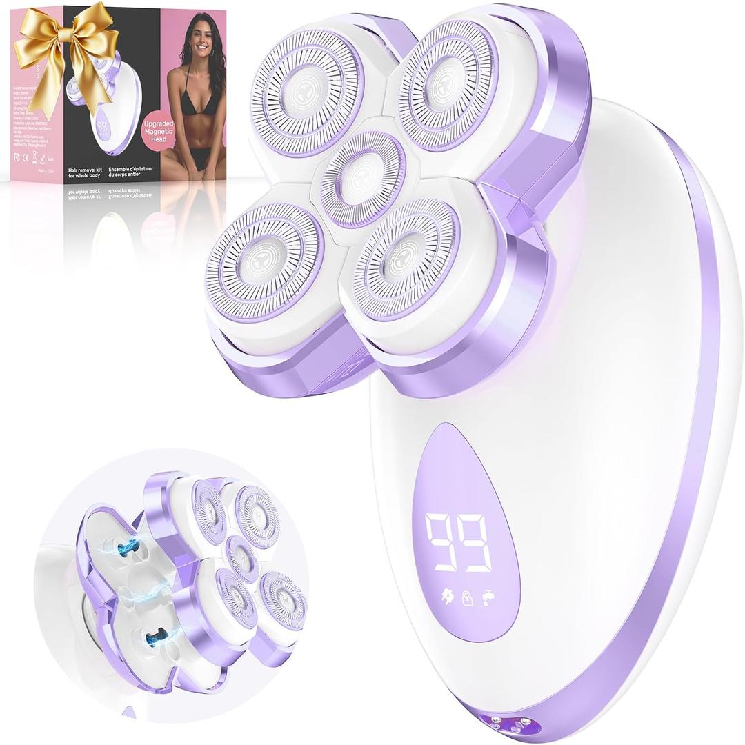 Electric Razors for Women - Upgraded Electric Shaver for Women with Magnetic Heads, Rotary Hair Remover Kit for Legs Bikini Face, Lady Trimmer for Sensitive Skin, Detachable and Waterproof, Purple (6900)