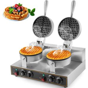 WICHEMI Commercial Double Waffle Maker 110V 2400W Professional Non-stick Round Waffle Iron for Bakery, Restaurant, Snack Bar or Household