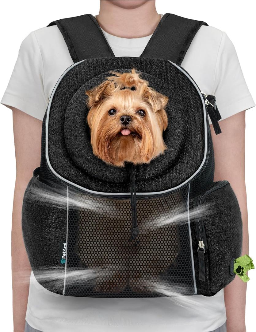 PetAmi Dog Front Carrier Backpack, Ventilated Adjustable Dog Pet Cat Chest Carrier Backpack, Dog Carrier for Hiking Camping Travel, Small Dog Puppy Medium Cat Carrying Bag, Max 14 lbs, Black (Large (16.5x10x17)
