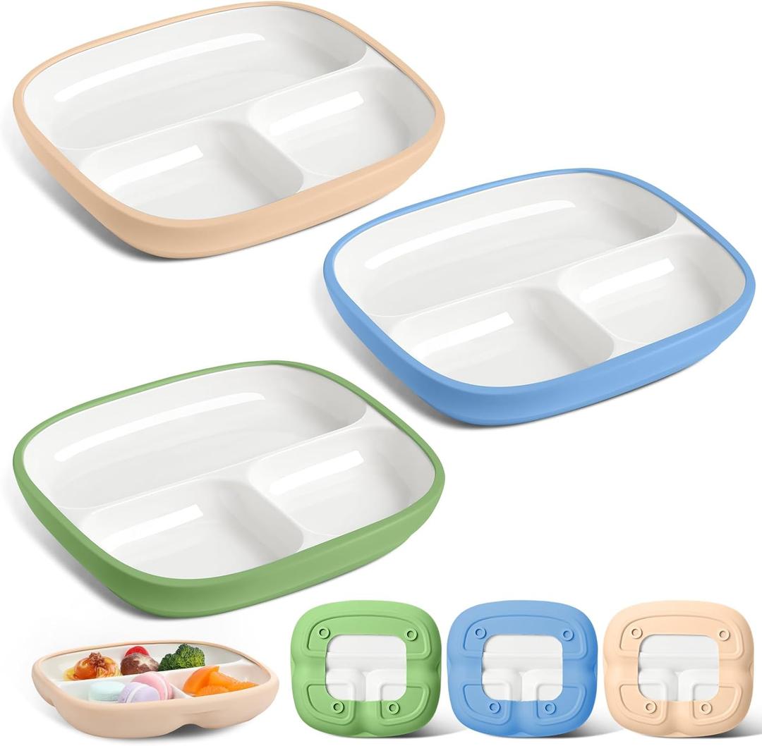 Domensi 3 Sets Kids Porcelain Plates with Silicone Sleeves Toddler Divided Porcelain Plate Baby Ceramic Dishes Snack Container for Kid Toddler Baby Feeding Microwave Dishwasher Safe(Classic Color)