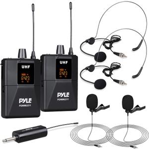 Pyle Dual UHF Microphone System - Portable Professional Cordless Microphone Set Wireless Mic Kit w/Headset / Lavalier Mic, Beltpack Transmitter, Receiver - Karaoke & Conference - Pyle PDWMU211,Black