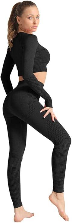 OQQ Women Exercise Outfit 2 Piece Seamless High Waist Leggings Long Sleeve Crop Top Yoga Set Medium