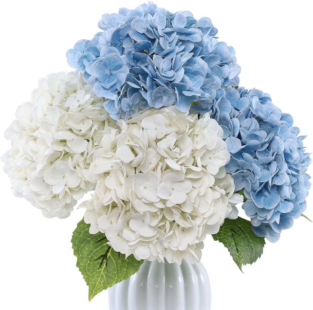 Coferset 4Pcs Hydrangea Artificial Flowers Lifelike Faux Hydrangea Real Touch Fake Flowers for Home Wedding Christmas Office Party Living Room Decoration,22inch (2 White+2 Baby Blue)