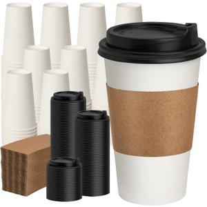 RACETOP Disposabe Coffee Cups with Lids and Sleeves 16 oz 50 Pack, Hot Paper Coffee Cups with Lids, To Go Cup with Lid, Ideal for To Go Coffee, Travel, Office, Home (White)