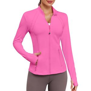 VUTRU Women Athletic Jacket Fitted Workout Running Zip Up Track Coat Layer with Thumb Holes Pockets for Yoga Gym Travel, Pink, Large