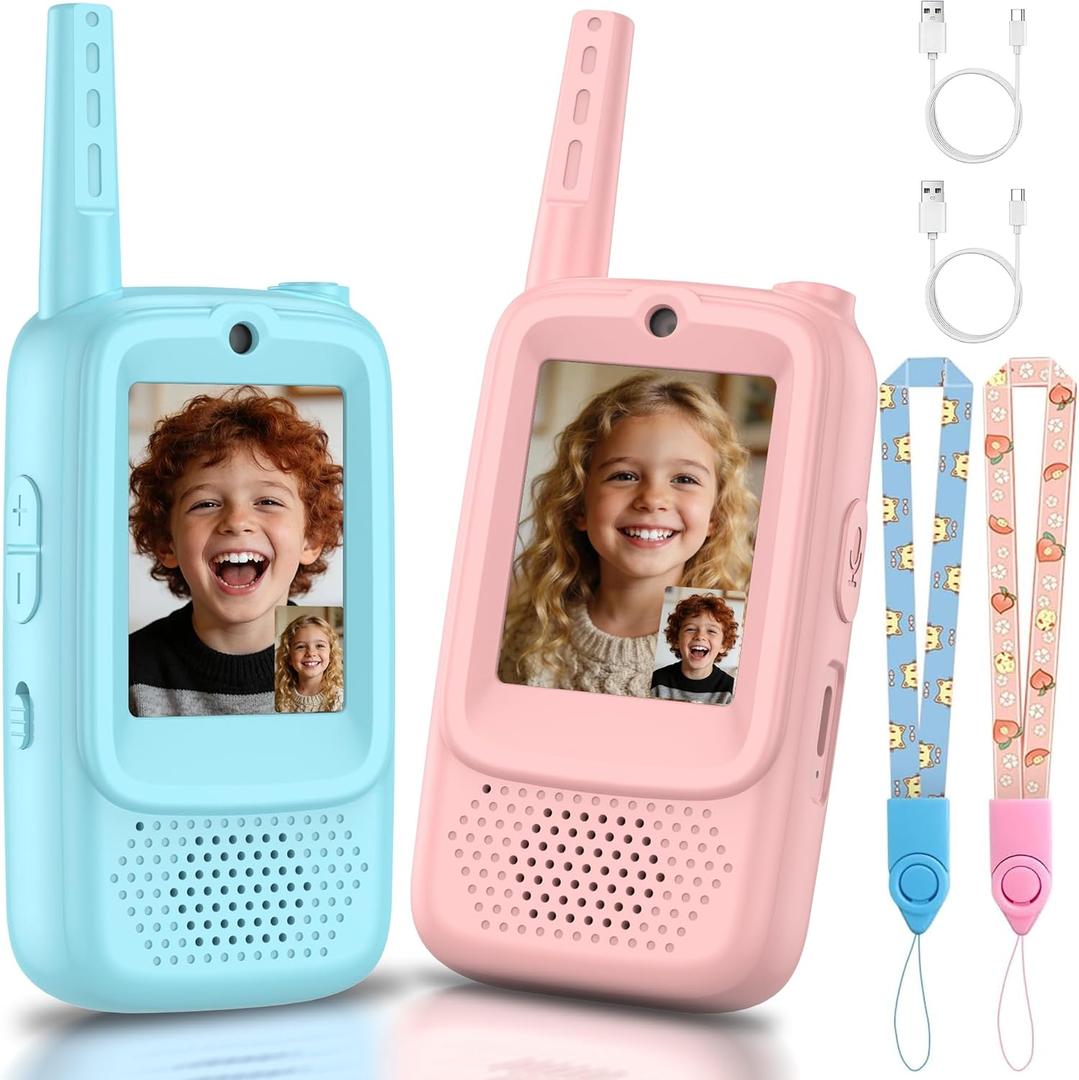 Video Walkie Talkies for Kids, 2 Pack Rechargeable Walkie Talkies with Screen, Long Range 2 Way Radio with 4 Voice Effects, Christmas Birthday Gifts for Age 3-12 Boys Girls Indoor/Outdoor/camping
