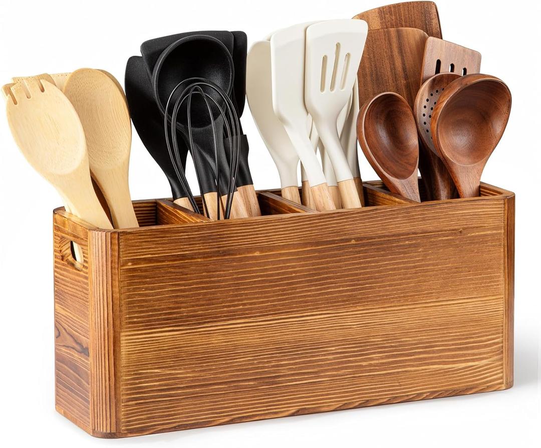 Extra Large Farmhouse Utensil Holder for Kitchen Counter, Large Wooden Utensil Holder with 4 Compartments