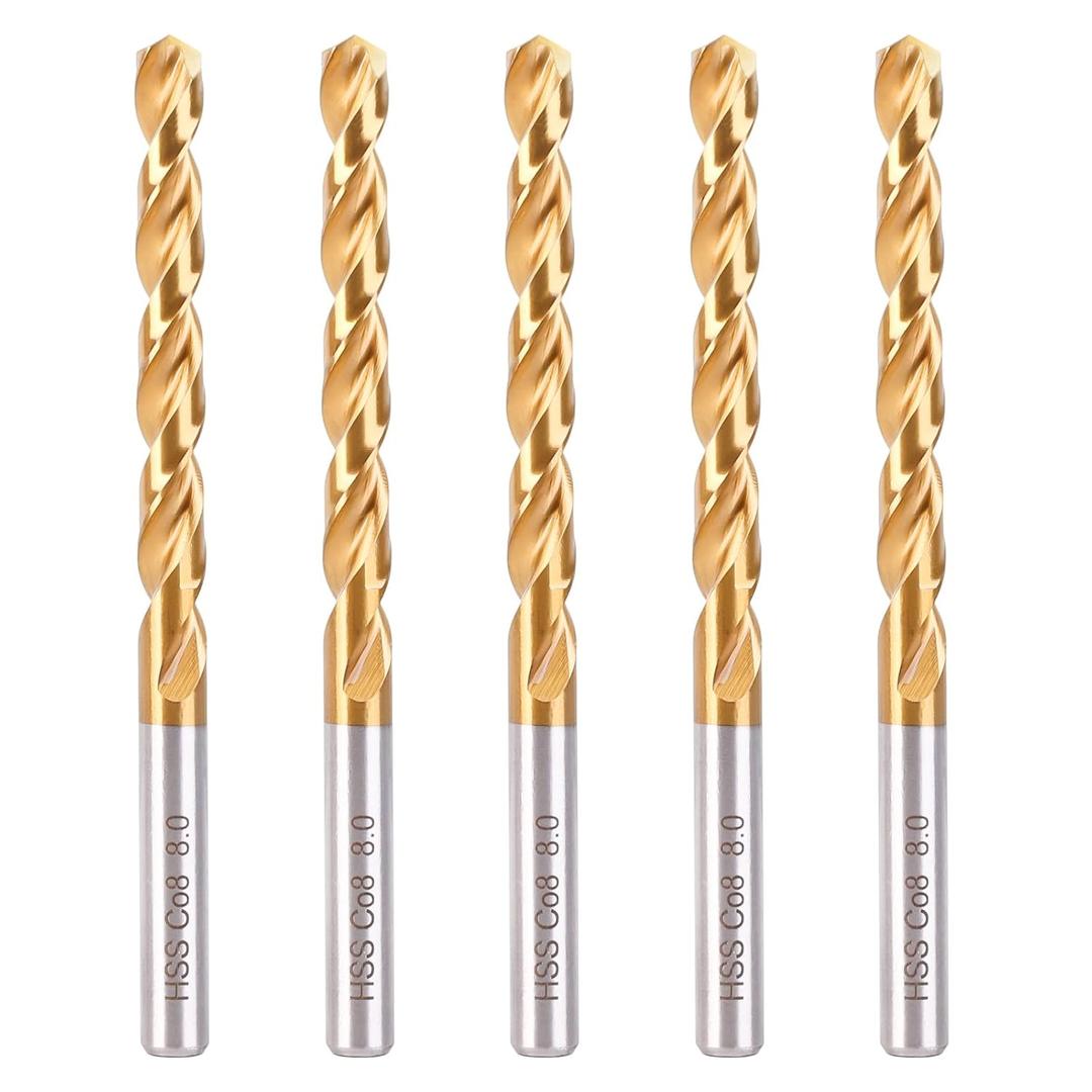 M42 Cobalt Drill Bit Set, Metric 8mm Drill bit 5PCS, Metal Drill bit Set for Steel, Titanium Coated HSS-Co Metal Drill bit Set for Steel,Stainless Steel,Bolt and Stud Removing