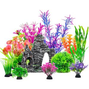 QUOZUO 13 Pcs Aquarium Artificial Plastic Plants Decorations and Resin Barrel, Fish Tank Accessories Hideout Ornaments Aquarium Decor Set