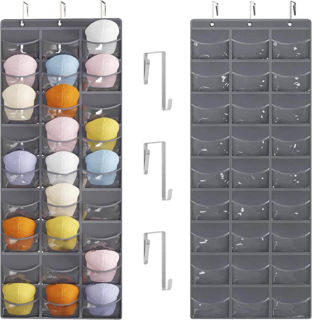 2 x Fixwal Hat Organizer Racks for Baseball Caps, 27 Pocket Pocket Over the Door Hat Organizer with 3 Hooks, Hat Storage to Protect and Display, Gray
