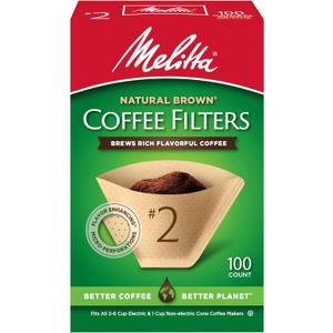 Melitta #2 Cone Coffee Filters, Natural Brown, 100 Count - Fits all 2-6 Cup Cone Coffee Makers and 1-cup Pour-Over Brewers, Compostable, Tear-Resistant, Made in USA