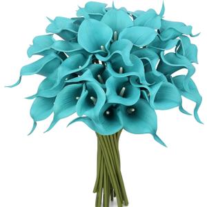 24 Pcs Teal Flowers Artificial Calla Lily Flower Fake Teal Silk Flowers Real Touch for Wedding Bouquet Home Kitchen Decor