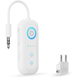 Bluetooth 5.4 Transmitter Receiver, Wireless Audio Adapter, Airplane Gadgets & Travel Essentials – for 2 Headphones, 20H Battery, aptX Low Latency, 3.5mm AUX Jack, for Car, TV, Home-White