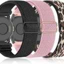 Bolesi 3 Pack 18mm Stretchy Nylon Watch Bands for Garmin Venu 2S/Venu 3S/Venu 4 41mm, Quick Release Wristband Loop Elastic Strap for Vivoactive 4S/ Vivomove 3S/Forerunner 265s/255s Men Women (Black+Leopard+Pink Sand)