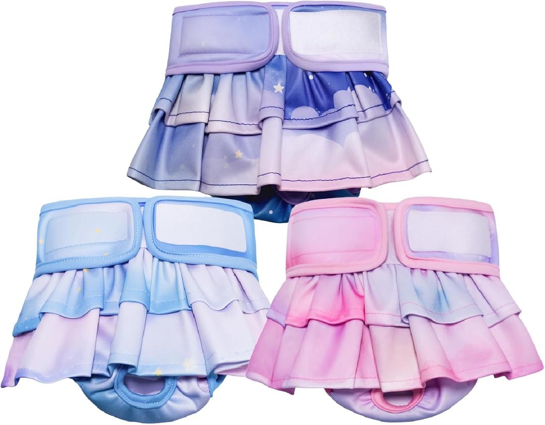 Reusable Dog Diapers Female, 3 Pack Washable Doggie Diaper with Skirt Pastel Starry Design, Highly Absorbent Leak-Proof Puppy Diapers for Heat Incontinence & Training