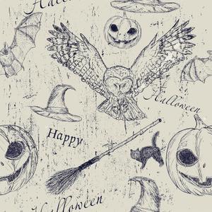 FunStick Vintage Grey Beige Wallpaper Peel and Stick Harry Potter Navy Blue Owl Pumpkin Witchy Bat Gothic Wall Paper Mural for Bedroom Self Adhesive Beige Contact Paper for Walls Cabinets 17.5"x118" 