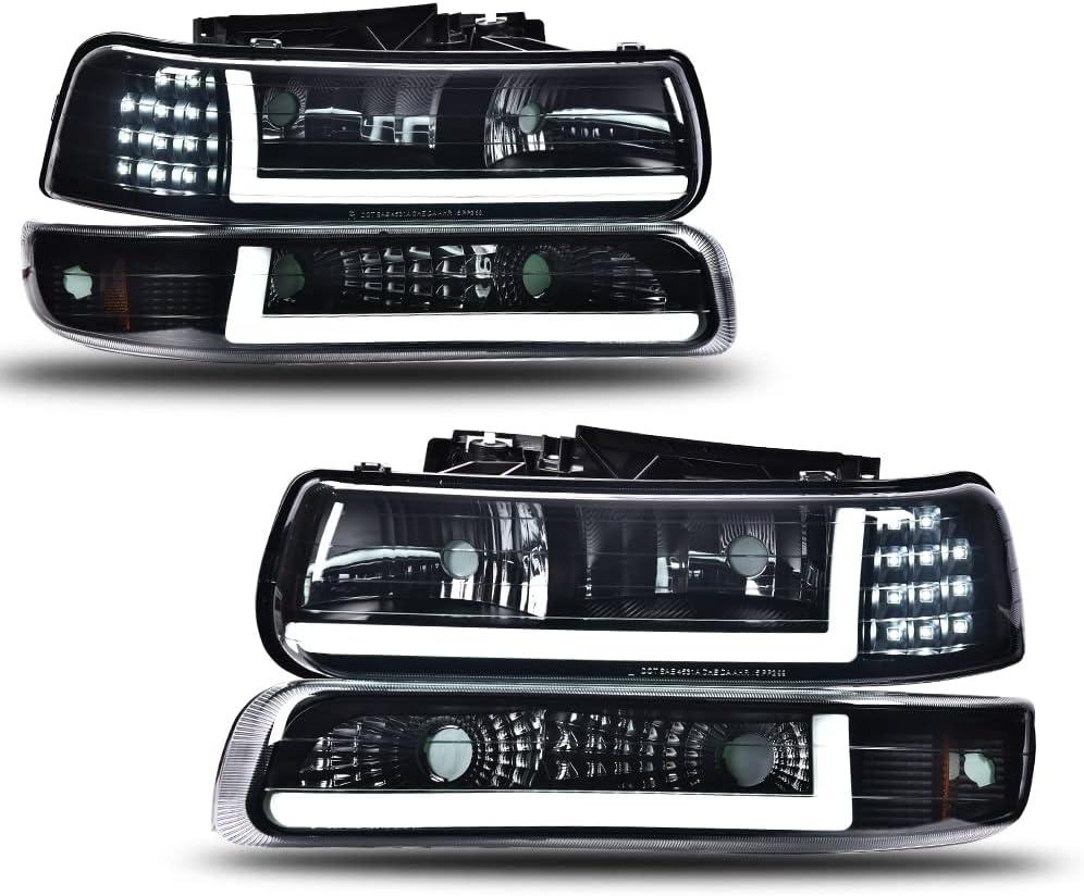 PIT66 LED DRL Headlight Assembly Compatible with Chevy Silverado 1999 2000 2001 2002/ Suburban Tahoe 2000-2006 Front Headlamp, Smoky lens Black Housing Amber Reflector