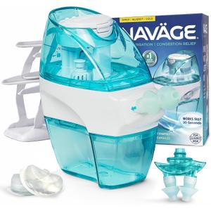 Navage Nasal Irrigation System Premium Bundle, Nasal Rinse, Congestion Relief, 30 Seconds Sinus Cleaner w/ 90 SaltPods. 2 Nose Docks, 4 Pillows & Batteries, Powered Sinus Rinse System 