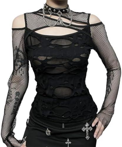 Goth Crop Top for Teen Girls Aesthetic Emo Shirts Casual Tops for Women Long Sleeve Punk Large