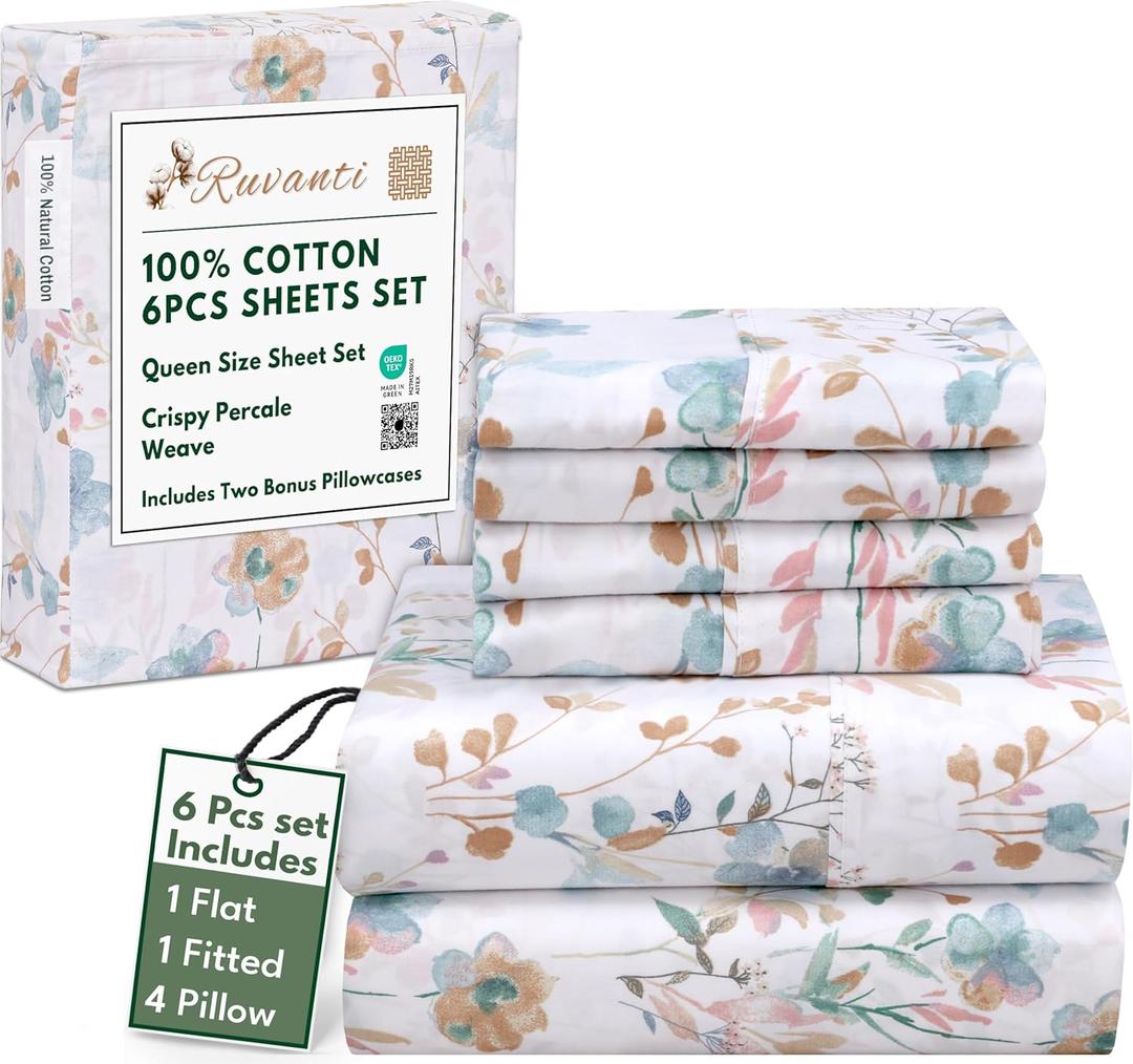 RUVANTI 6 Pcs Cotton Sheets - 100% Natural Cotton Soft, Lightweight & Breathable Crispy Percale Bed Sheets, Queen Sheet Set 16" Deep Pockets, Radiant RUVANTI 6 Pcs Cotton Sheets - 100% Natural Cotton Soft, Lightweight & Breathable Crispy Percale Bed Sheets, Queen Sheet Set 16" Deep Pockets, Radiant