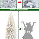 5 Ft Prelit Artificial Pencil Christmas Tree Decoration with 8 Modes 100 LED Warm Lights Plug in 380 Branch Tips Metal Stand Slim Tree Xmas Decor Indoor Outdoor Home Holiday (White)