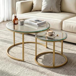 Round Nesting Coffee Table Set of 2, Modern Nesting Tables, Minimalist Stacking End Tables for Living Room Bedroom, Sturdy Metal Frame Center Table for Small Space (Glass & Gold), 23.6" x 17.9"
