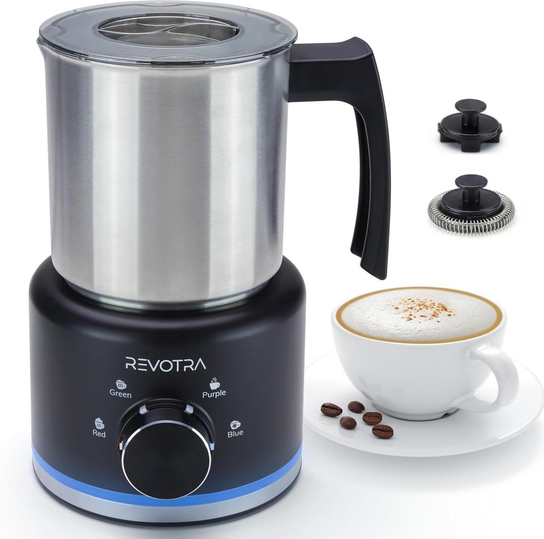 4 in 1 Milk Frother and Steamer, 500ml Electric Foam Maker with Dial Control & LED Indicator, Hot & Cold Milk Frother, Non-Stick Stainless Steel, Silent, Easy to Clean, for Coffee