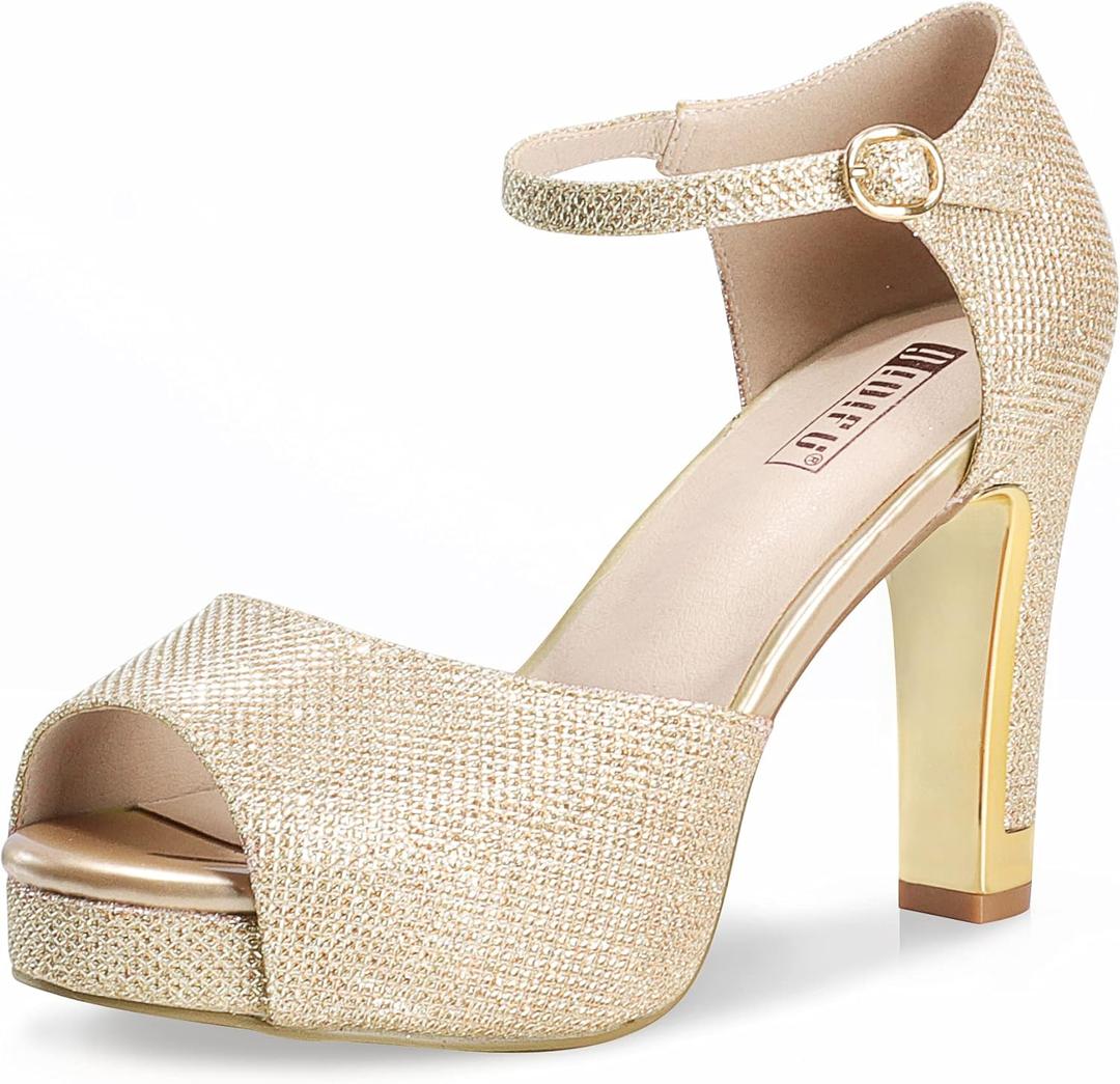 IDIFU Women's IN4 Mary Platform Chunky High Heels Sandals Peep Toe Dress Wedding Bridal Shoes For Women Bride Bridesmaid (11, Gold Glitter Classic)