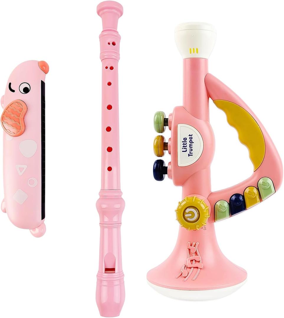 Toddler Musical Instruments Toy Trumpet, Harmonica, Recorder Flute for Kids Baby, Musical Toys Set for Children Boys Girls Ages 2 3 4 5, Pink (Pink)