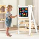 Foldable Toddler Tower, Wooden Toddler Kitchen Stool with 3 Adjustable Heights and Removable White/Blackboard, Montessori Foldable Learning Tower Kitchen Stool, Natural Wood