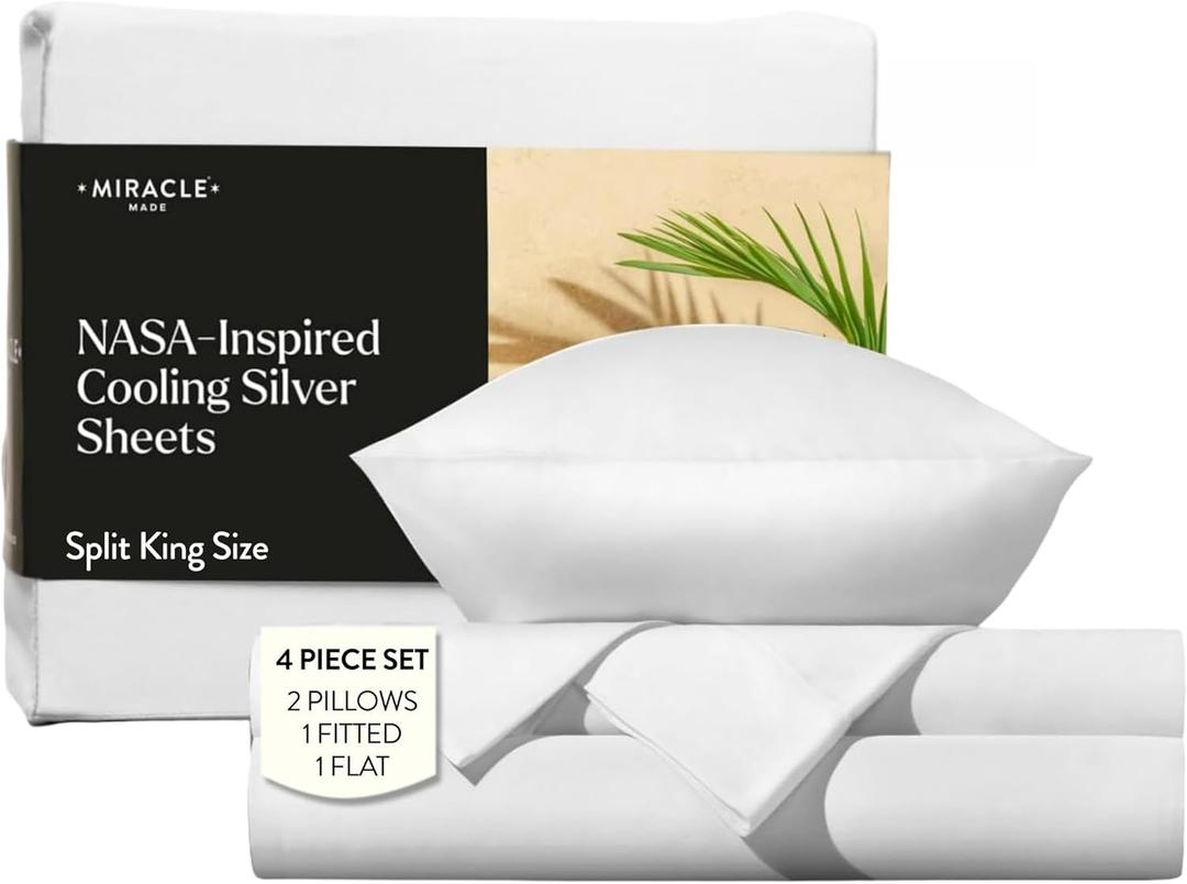 Miracle Made Breathable Cotton Bed Sheet Set, 5-Piece Soft, Lightweight, Silver-Treated Cotton Split King Size, White