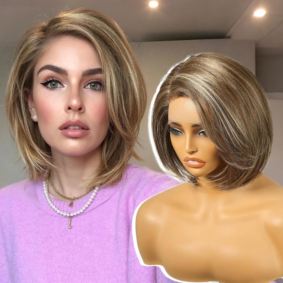 KOME Brown mix Blonde Synthetic Lace Front Wig,Side Part Short Layered Straight Glueless Bob Wig for White Women Daily Use 12IN (#F8/27/88)