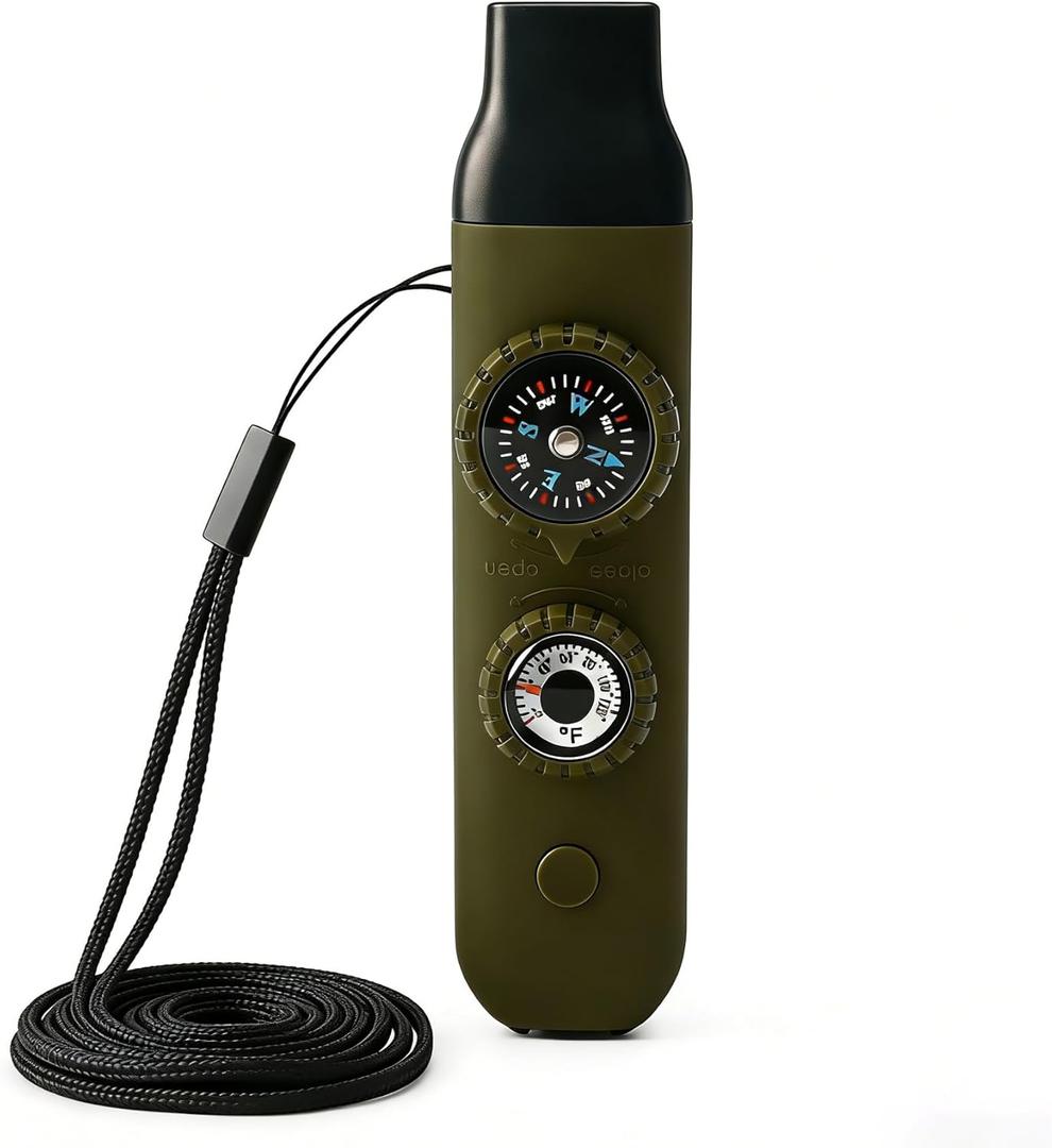 Multifunctional Survival Emergency Whistle for Kids with Compass Hiking Survival, Thermometer & Neck Lanyard | Emergency Safety Gear for Hiking, Camping, Kayaking, Boating, Climbing (Army Green)