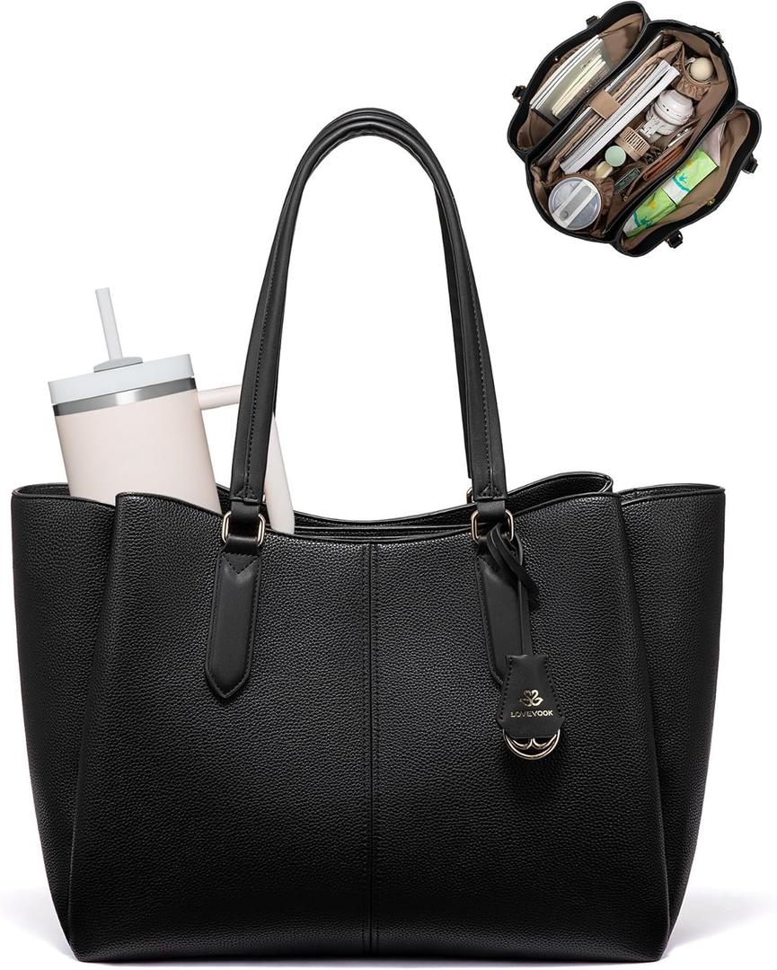 LOVEVOOK Laptop Tote Bag for Women 15.6 In Work Bags with Triple Compartments Large Faux Leather Computer Office Briefcase (Black)