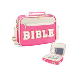 Bible Cover Case for Women Grils, Preppy Bible Bag with Adjustable Shoulder Strap, Waterproof Bible Carrying Tote Bags Holder for Bible Study Supplies Accessories & Christian Gifts (Rose Red)