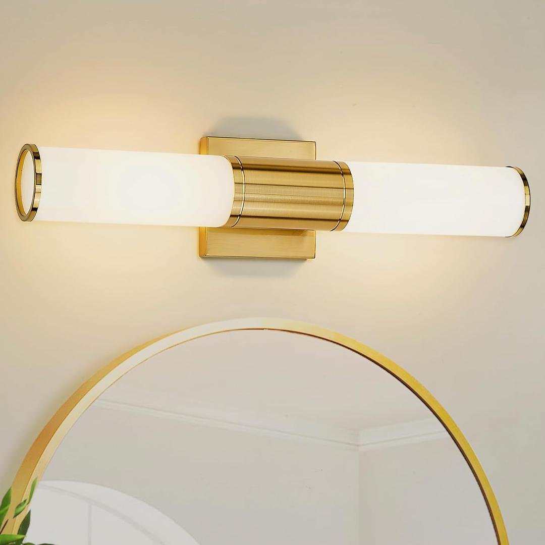 METWET Bathroom Light Fixtures, 2-Light Vanity Lights for Mirror with Milk Glass Shade, Brushed Gold Wall Sconces Up and Down Wall Lamp for Bathroom Bedroom Hallway, VL834-BG-ML